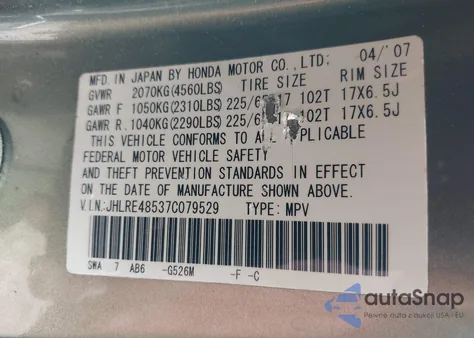 2007 Honda Cr-V Ex from USA, damaged, VIN JHLRE48537C079529